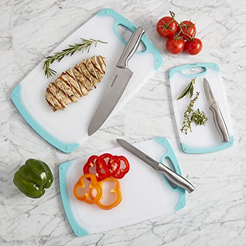 Farberware Non Slip Plastic Cutting Board Set with Juice Grooves, Set Of 3, White and Aqua