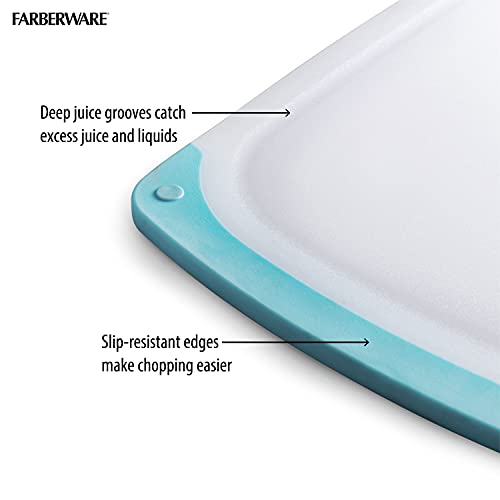 Farberware Non Slip Plastic Cutting Board Set with Juice Grooves, Set Of 3, White and Aqua