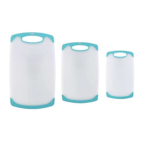 Farberware Non Slip Plastic Cutting Board Set with Juice Grooves, Set Of 3, White and Aqua