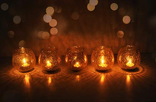 Crackle Glass Romantic Cafe Restaurant Decorative Halloween Candle Holder Votive Lighting Tea Light Candle Holder Set of 5 Pcs