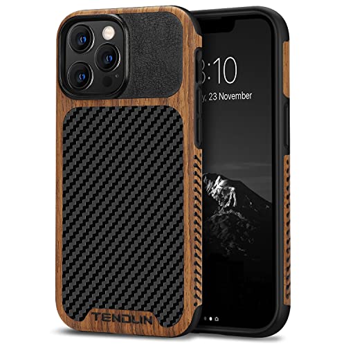 TENDLIN Compatible with iPhone 13 Pro Max Case Wood Grain with Carbon Fiber Texture Design Leather Hybrid Case Compatible for iPhone 13 Pro Max 6.7-inch Released in 2021 Black