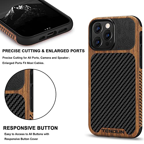TENDLIN Compatible with iPhone 13 Pro Max Case Wood Grain with Carbon Fiber Texture Design Leather Hybrid Case Compatible for iPhone 13 Pro Max 6.7-inch Released in 2021 Black