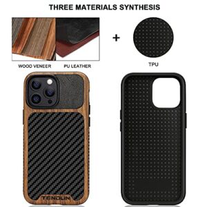 TENDLIN Compatible with iPhone 13 Pro Max Case Wood Grain with Carbon Fiber Texture Design Leather Hybrid Case Compatible for iPhone 13 Pro Max 6.7-inch Released in 2021 Black