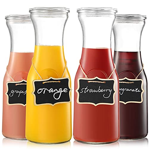 NETANY Set of 4 Glass Carafe with Lid, 1 Liter Beverage Serveware Carafe, Clear Glass Pitcher for Mimosa Bar, Brunch, Cold Water, Juice, Milk, Iced Tea, Lemonade