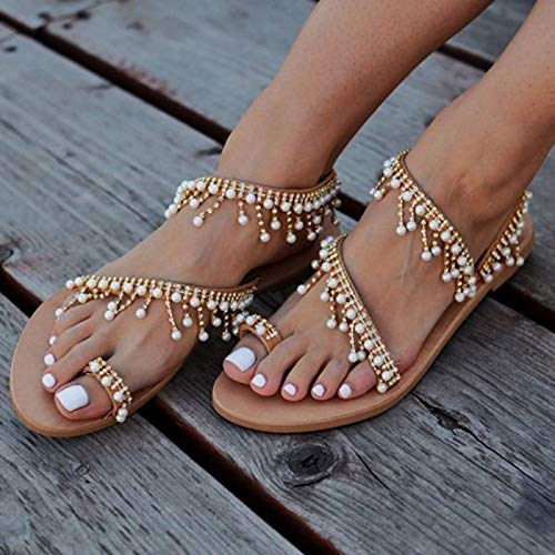 Sandals for Women Casual Summer Crystal Pearl Open Toe Sandals Shoes Bohemian Outdoor Slippers Sandals Cross Strappy Flat Beach Sandals Brown