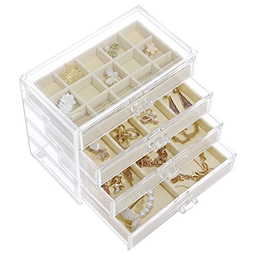 misaya Earring Jewelry Organizer Box, Large Acrylic Jewelry Organizer with 4 Drawers, Clear Velvet Earring Holder Organizer for Earrings, Rings, Necklace, Beige