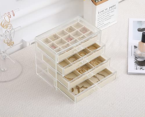 misaya Earring Jewelry Organizer Box, Large Acrylic Jewelry Organizer with 4 Drawers, Clear Velvet Earring Holder Organizer for Earrings, Rings, Necklace, Beige