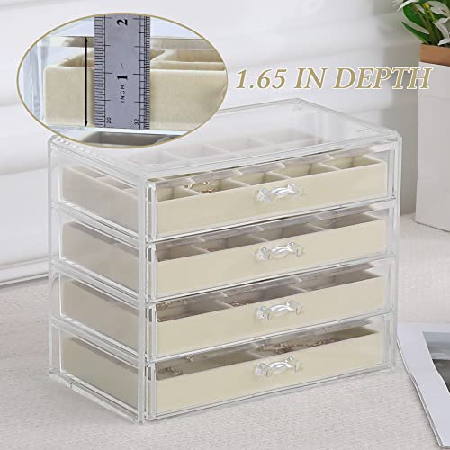 misaya Earring Jewelry Organizer Box, Large Acrylic Jewelry Organizer with 4 Drawers, Clear Velvet Earring Holder Organizer for Earrings, Rings, Necklace, Beige