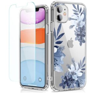 ilnehc flower designed for iphone 11 case with screen protector, floral slim fit clear women phone case shockproof protective hard pc+tpu bumper cover 6.1 inch