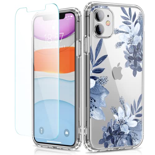 ilnehc Flower Designed for iPhone 11 Case with Screen Protector, Floral Slim Fit Clear Women Phone Case Shockproof Protective Hard PC+TPU Bumper Cover 6.1 Inch