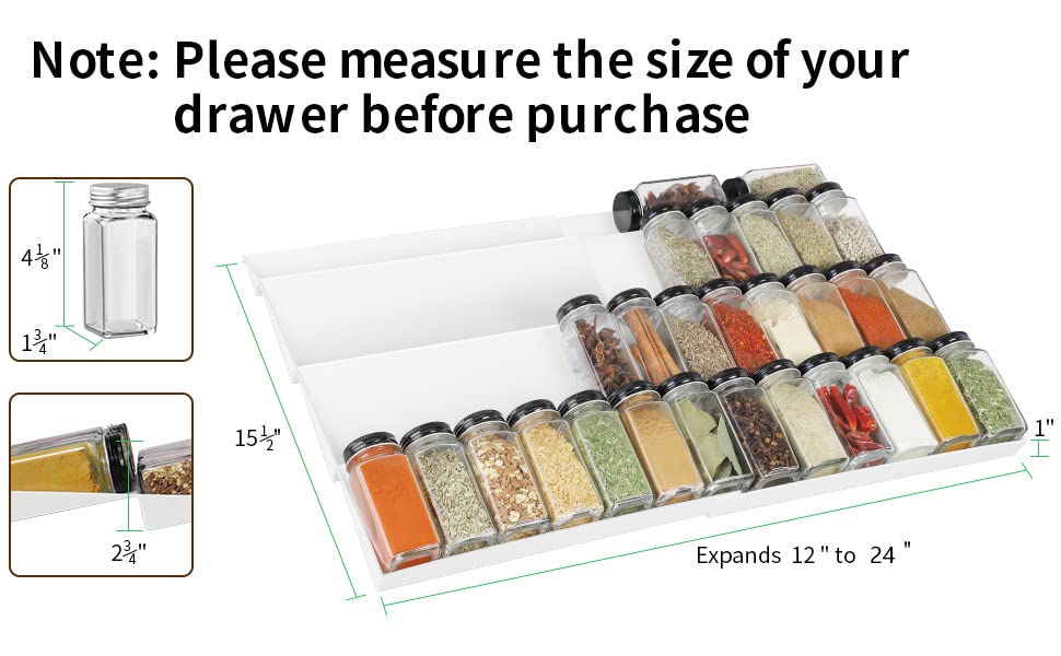 QIZENME Adjustable Spice Rack, 4 Tier Expandable Tray Drawer Organizer 12" to 24" Stackable Tray, Spice Storage Organizer Insert, for Spice Jars, Vitamins, Seasonings Kitchen Drawer Cabinet 2 Pack