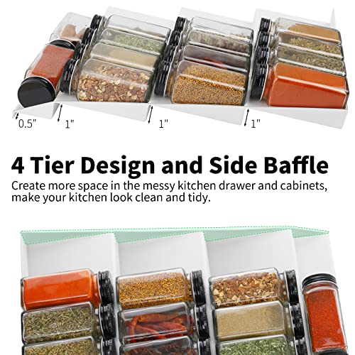 QIZENME Adjustable Spice Rack, 4 Tier Expandable Tray Drawer Organizer 12" to 24" Stackable Tray, Spice Storage Organizer Insert, for Spice Jars, Vitamins, Seasonings Kitchen Drawer Cabinet 2 Pack