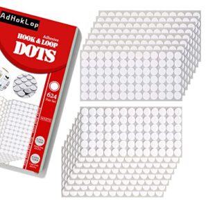 adhoklop 1248 pcs (624 pairs) dots with adhesive 0.59 inch diameter hook and loop nylon sticky back coins, adhesive strips fastener round tapes for school classroom teacher supplies (white)