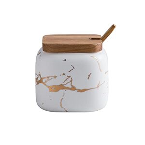 marble ceramics sugar bowl ceramic seasoning box ceramic spice jars porcelain condiment pots with lid and spoon (white)