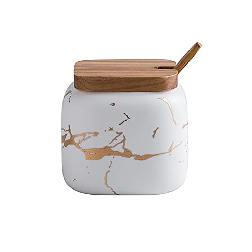 Marble Ceramics Sugar Bowl Ceramic Seasoning Box Ceramic Spice Jars Porcelain Condiment Pots with Lid and Spoon (White)