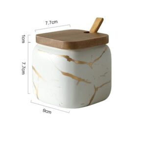 Marble Ceramics Sugar Bowl Ceramic Seasoning Box Ceramic Spice Jars Porcelain Condiment Pots with Lid and Spoon (White)