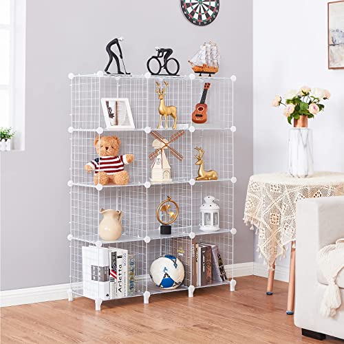 ANWBROAD Wire Cube Storage Organizer 12 Cube Metal Grids Shelves Storage Bins Shelving Stackable Modular Bookshelf Shelf Cubbies Unit Closet Cabinet for Living Room Office White LWT012T
