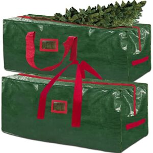 turnmeon 2 pack christmas tree storage bag for 7.5 ft disassembled artificial xmas tree 50"x15"x20" card slot handles dual zippers waterproof large holiday christmas storage container tote box (green)
