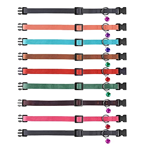 Murom Breakaway Cat Collar Leather Soft Adjustable Pet Kitten Collars with Bell Pink Brown Blue Green Red (Green)