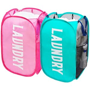popup laundry hamper, 2 pack mesh hampers for laundry collapsible laundry basket with side pocket durable carry handles great laundry hambers for kids room, college dorm or travel (pink + blue)