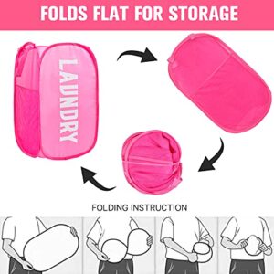 Popup Laundry Hamper, 2 Pack Mesh Hampers for Laundry Collapsible Laundry Basket with Side Pocket Durable Carry Handles Great Laundry Hambers for Kids Room, College Dorm or Travel (Pink + Blue)