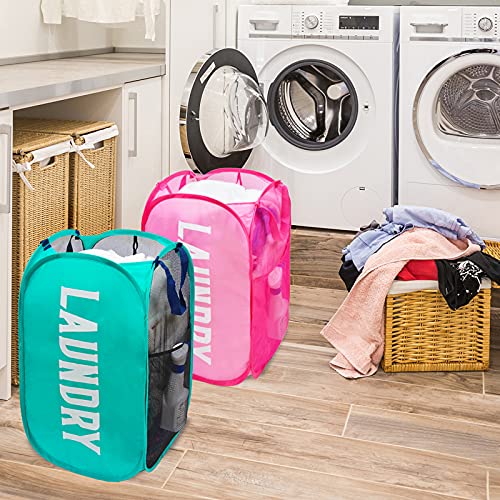 Popup Laundry Hamper, 2 Pack Mesh Hampers for Laundry Collapsible Laundry Basket with Side Pocket Durable Carry Handles Great Laundry Hambers for Kids Room, College Dorm or Travel (Pink + Blue)