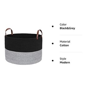 Hombins Large Cotton Rope Basket Woven Storage Basket - Decorative Storage Basket with Handles Collapsible Laundry Hamper for Throws, Pillows, Blanket, Black&Grey, 20"x20"x13"