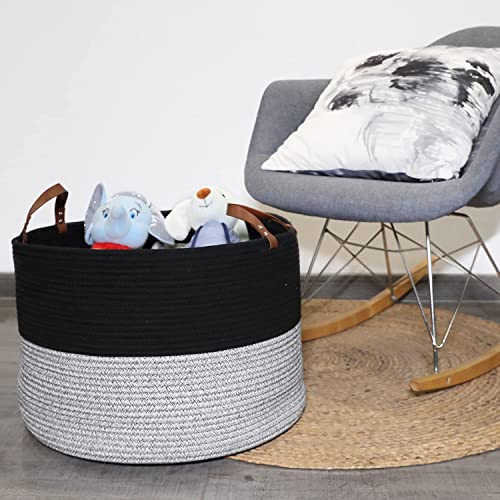 Hombins Large Cotton Rope Basket Woven Storage Basket - Decorative Storage Basket with Handles Collapsible Laundry Hamper for Throws, Pillows, Blanket, Black&Grey, 20"x20"x13"