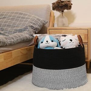 Hombins Large Cotton Rope Basket Woven Storage Basket - Decorative Storage Basket with Handles Collapsible Laundry Hamper for Throws, Pillows, Blanket, Black&Grey, 20"x20"x13"