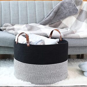 Hombins Large Cotton Rope Basket Woven Storage Basket - Decorative Storage Basket with Handles Collapsible Laundry Hamper for Throws, Pillows, Blanket, Black&Grey, 20"x20"x13"