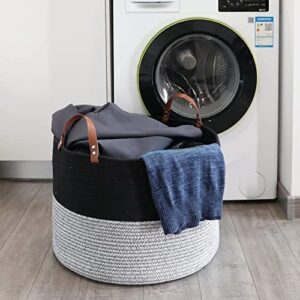 Hombins Large Cotton Rope Basket Woven Storage Basket - Decorative Storage Basket with Handles Collapsible Laundry Hamper for Throws, Pillows, Blanket, Black&Grey, 20"x20"x13"