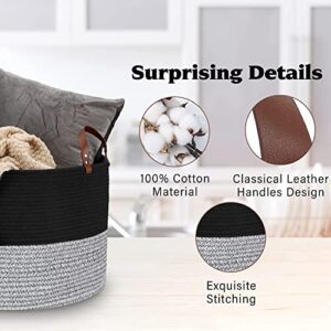 Hombins Large Cotton Rope Basket Woven Storage Basket - Decorative Storage Basket with Handles Collapsible Laundry Hamper for Throws, Pillows, Blanket, Black&Grey, 20"x20"x13"