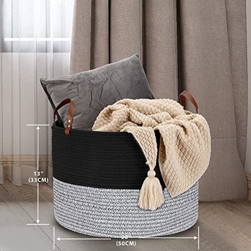 Hombins Large Cotton Rope Basket Woven Storage Basket - Decorative Storage Basket with Handles Collapsible Laundry Hamper for Throws, Pillows, Blanket, Black&Grey, 20"x20"x13"