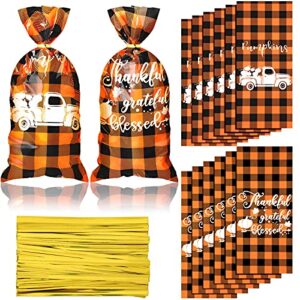 100 pieces fall cellophane bags autumn theme maple leaves pumpkin treat candy bags plastic pumpkin candy bags with 200 twist ties for thanksgiving holidays party supplies (yellow-black)