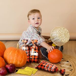 100 Pieces Fall Cellophane Bags Autumn Theme Maple Leaves Pumpkin Treat Candy Bags Plastic Pumpkin Candy Bags with 200 Twist Ties for Thanksgiving Holidays Party Supplies (Yellow-Black)