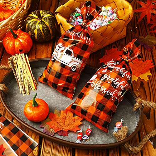 100 Pieces Fall Cellophane Bags Autumn Theme Maple Leaves Pumpkin Treat Candy Bags Plastic Pumpkin Candy Bags with 200 Twist Ties for Thanksgiving Holidays Party Supplies (Yellow-Black)