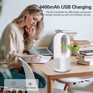 SISMEL Desk Fan, Small Quiet Bladeless Fan 11.8 Inch USB Table Fan, Portable Rechargeable Battery Operated Fan with Touch Control 3 Cooling Speeds, Personal Desktop Fan for Bedroom Office Home