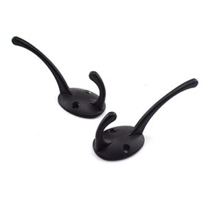 Aifeier ET 2 Pack Black Retro Double Hook Wall Mounted with 4 Screws for Coat, Bag, Cap, Hat, Towels, Keys, Scarf, etc.