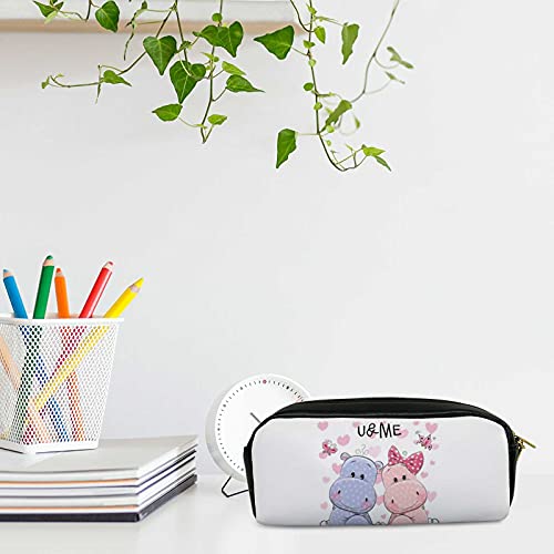 Cute Cartoon Kawaii 2 Animal Hippos and Hearts Pencil Case for Kids Pencil Bags with Zipper Tote Small Makeup Bag for Women for Girls Kids Boys Adults Teen.