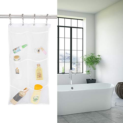 Hanging Mesh Shower Organizer, Mesh Shower Caddy Curtains Organizer Bathroom Toiletry Wall Door Hanger Organizer Kids Bath Toy Organizer with 6 Pockets, 4 Rings