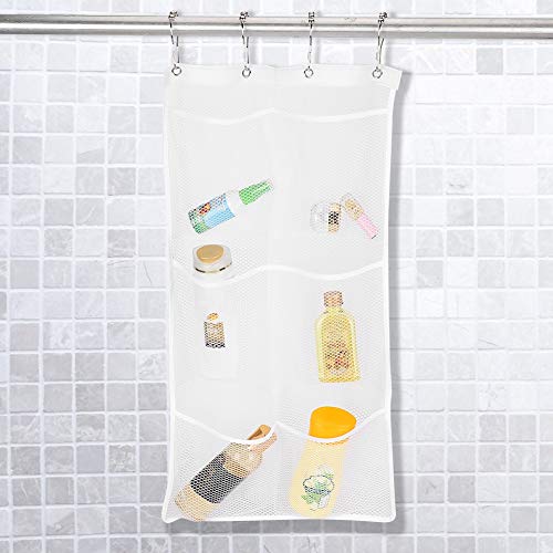 Hanging Mesh Shower Organizer, Mesh Shower Caddy Curtains Organizer Bathroom Toiletry Wall Door Hanger Organizer Kids Bath Toy Organizer with 6 Pockets, 4 Rings