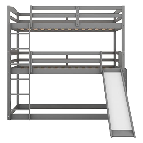 Harper & Bright Designs Triple Bunk Bed with Slide, Twin-Over-Twin-Over-Twin Triple Bed Frame with Built-in Ladder and Guardrails for Kids (Gray)