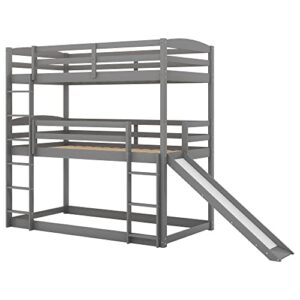 Harper & Bright Designs Triple Bunk Bed with Slide, Twin-Over-Twin-Over-Twin Triple Bed Frame with Built-in Ladder and Guardrails for Kids (Gray)