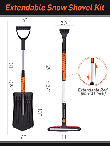 Ice Scraper and Snow Brush for Car Windshield, 29"-39" Extendable Snow Shovel with Ergonomic Foam Grip, 5 in 1 Windows Scraper for Car Snow Scraper and Brush for Truck & SUV