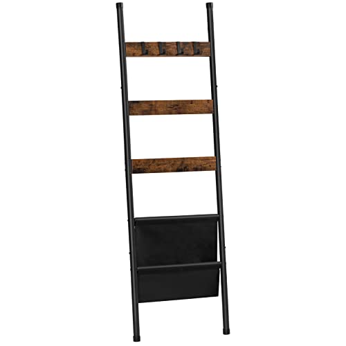 HOOBRO Blanket Ladder, 5 Tier Towel Rack, 17.3" L x 63" H, Wall-Leaning Blanket Rack, Decorative Ladder Holder with 4 Hooks and Pocket, Drying and Display Rack for Bathroom, Rustic Brown BF32CJ01