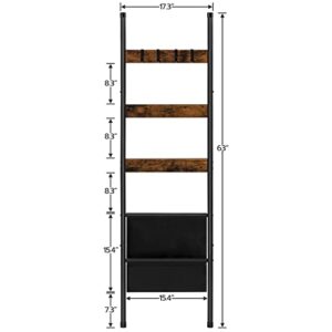 HOOBRO Blanket Ladder, 5 Tier Towel Rack, 17.3" L x 63" H, Wall-Leaning Blanket Rack, Decorative Ladder Holder with 4 Hooks and Pocket, Drying and Display Rack for Bathroom, Rustic Brown BF32CJ01