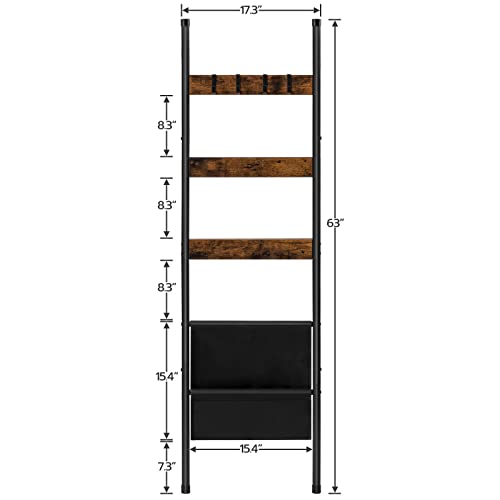 HOOBRO Blanket Ladder, 5 Tier Towel Rack, 17.3" L x 63" H, Wall-Leaning Blanket Rack, Decorative Ladder Holder with 4 Hooks and Pocket, Drying and Display Rack for Bathroom, Rustic Brown BF32CJ01