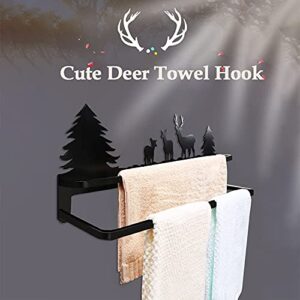 CuteHook Double Towel Bar Wall Mounted with Cute Deer Pattern Easy Installation Organizer for Towel Bathroom Hotel Bath Towel Shelf Towel Rack No Rust Matte Black Finish Decorative Hooks