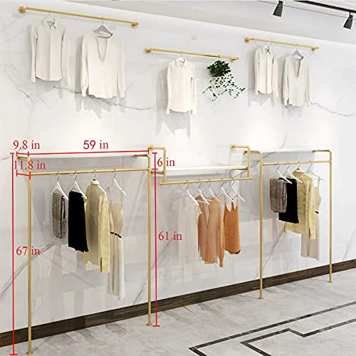 MDEPYCO Modern Simple Industrial Pipe Hanging Rods Clothing Rack,Retail Display Wall Mounted Storage Clothes Hanging Shelf, Wood Garment Rack (Gold, 59" L)