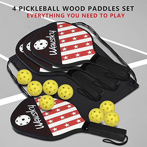 Wavsky Pickleball Paddles - Pickleball Set of 4 Paddles, 8 Pickleball Balls and 1 Carry Bag, Wood Pickleball Paddles Pickleball Racket Ergonomic Grip for Beginners, Pickleball Equipment